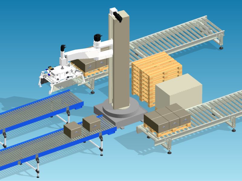 Palettierinsel mit Scara-Roboter zur Automatisierung von zwei Produktionslinien