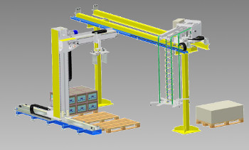 Straight rail slip sheet dispenser for palletizing island.